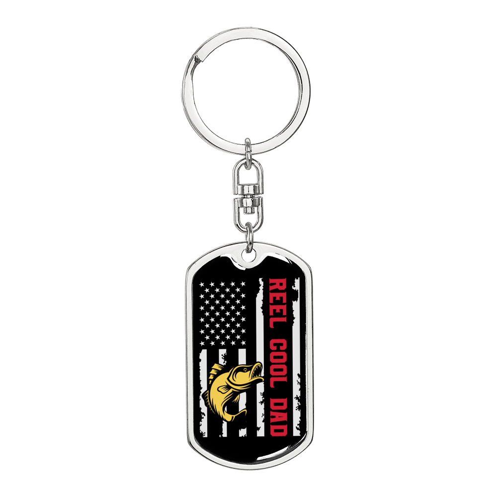 Reel Cool Dad Fish & Flag Fishing Keychain Stainless Steel or 18k Gold Dog Tag Keyring-Express Your Love Gifts