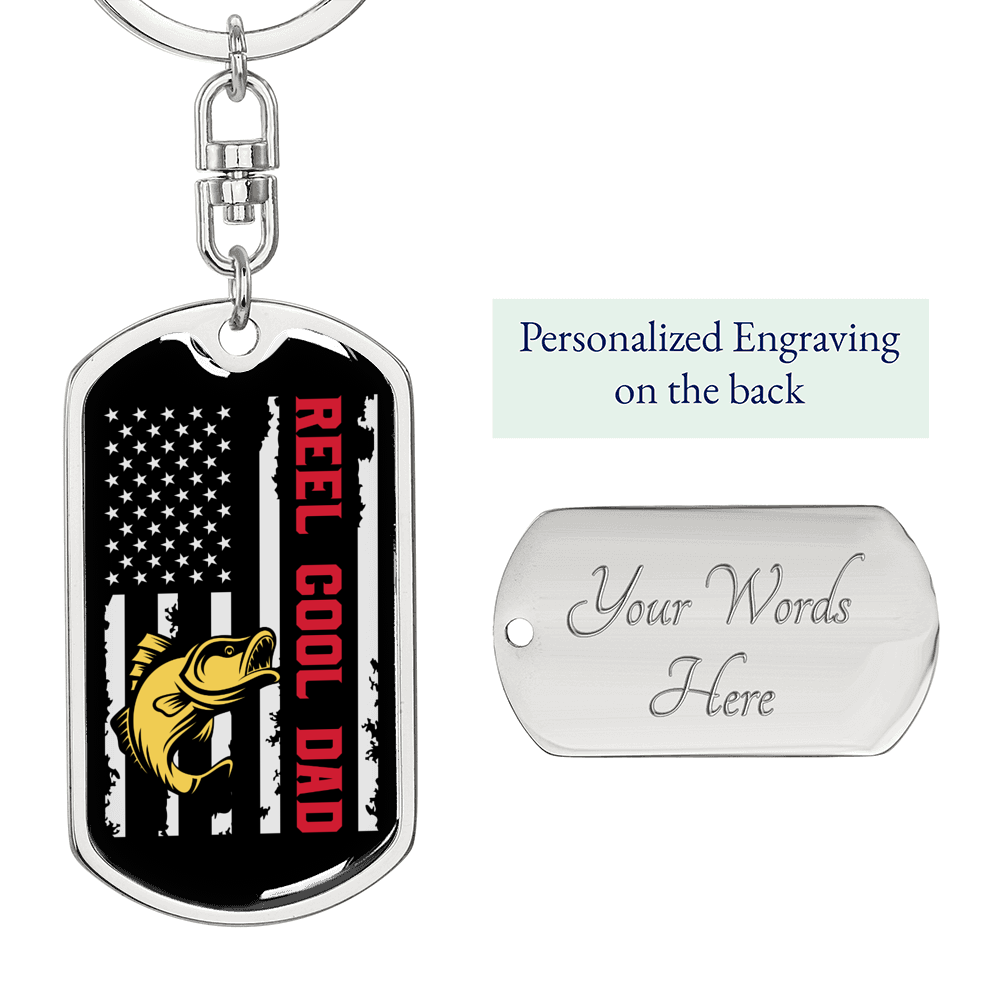Reel Cool Dad Fish & Flag Fishing Keychain Stainless Steel or 18k Gold Dog Tag Keyring-Express Your Love Gifts