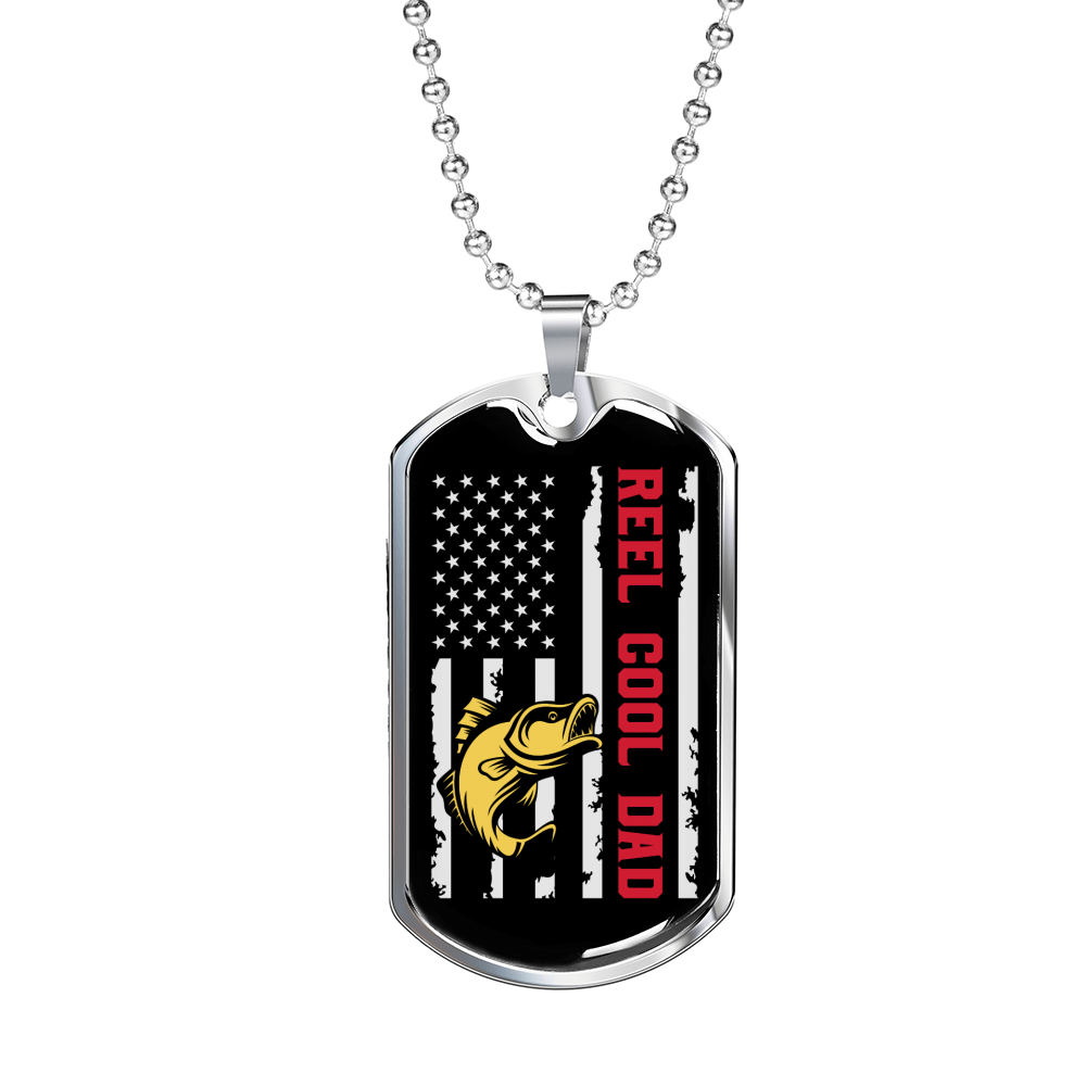 Reel Cool Dad Fish & Flag Fishing Necklace Stainless Steel or 18k Gold Dog Tag 24" Chain-Express Your Love Gifts