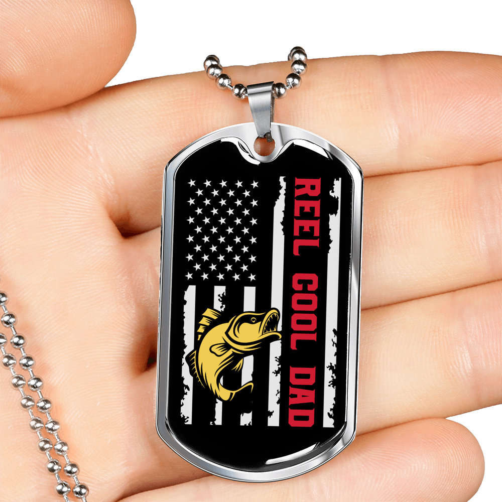 Reel Cool Dad Fish & Flag Fishing Necklace Stainless Steel or 18k Gold Dog Tag 24" Chain-Express Your Love Gifts
