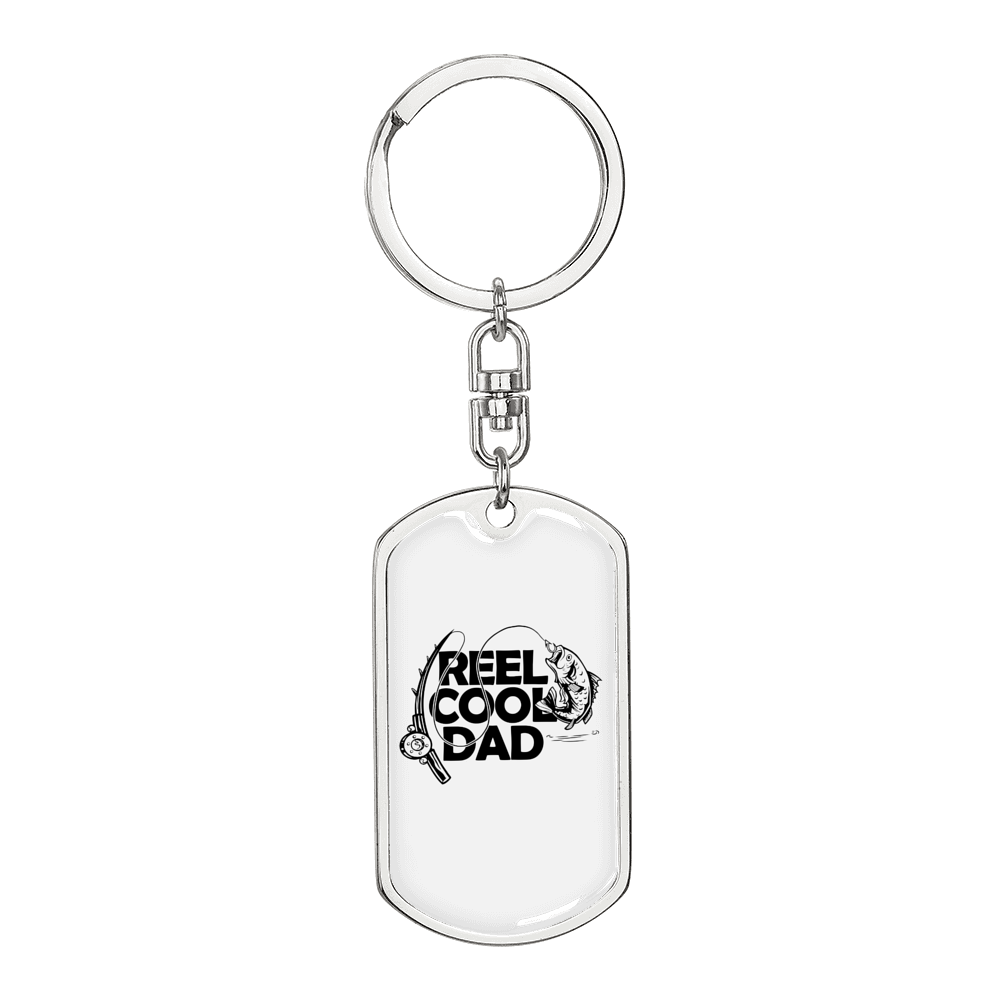 Reel Cool Dad Fish & Rod Fishing Keychain Stainless Steel or 18k Gold Dog Tag Keyring-Express Your Love Gifts