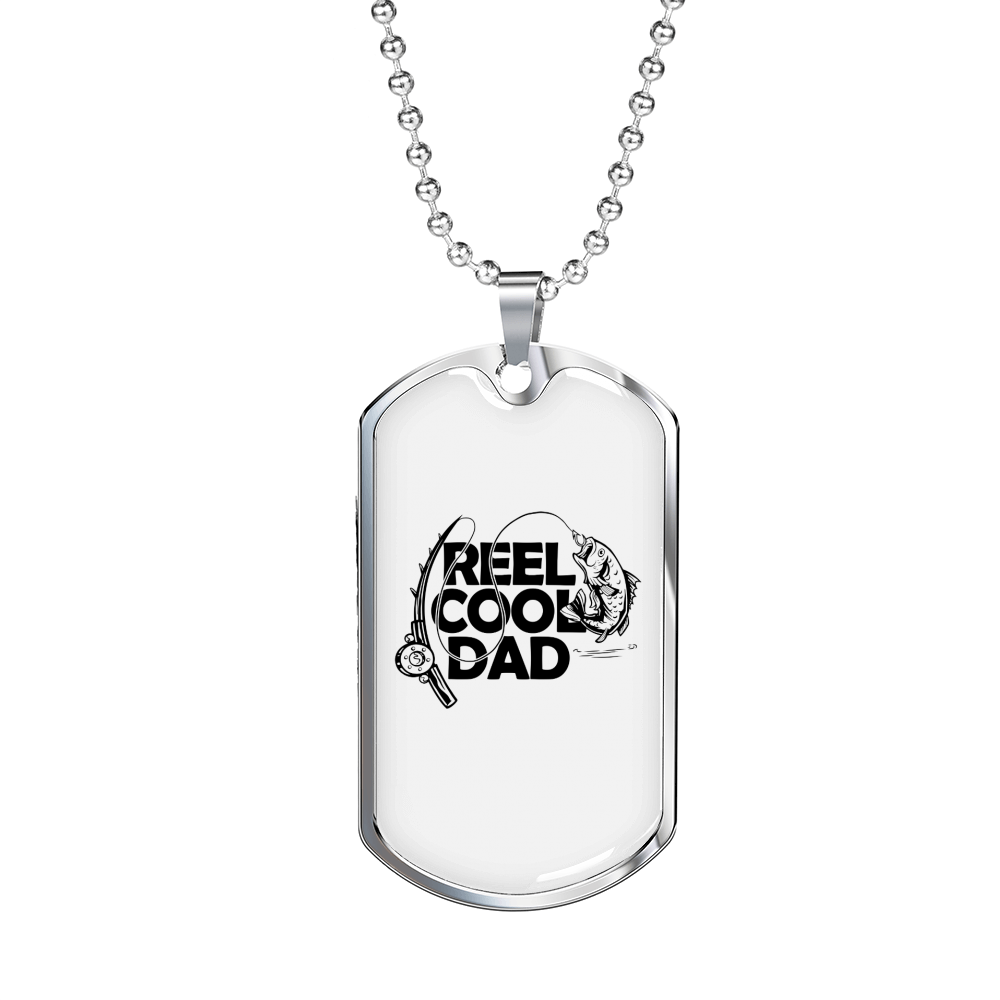 Reel Cool Dad Fish & Rod Fishing Necklace Stainless Steel or 18k Gold Dog Tag 24" Chain-Express Your Love Gifts