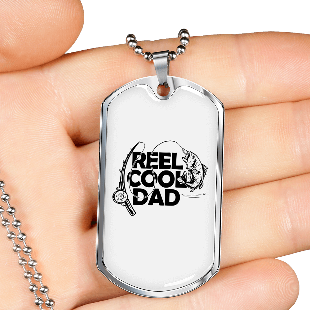 Reel Cool Dad Fish & Rod Fishing Necklace Stainless Steel or 18k Gold Dog Tag 24" Chain-Express Your Love Gifts