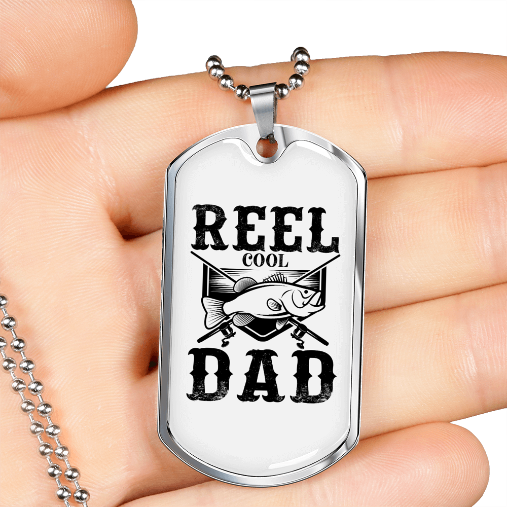 Reel Cool Dad Fish Fishing Necklace Stainless Steel or 18k Gold Dog Tag 24" Chain-Express Your Love Gifts