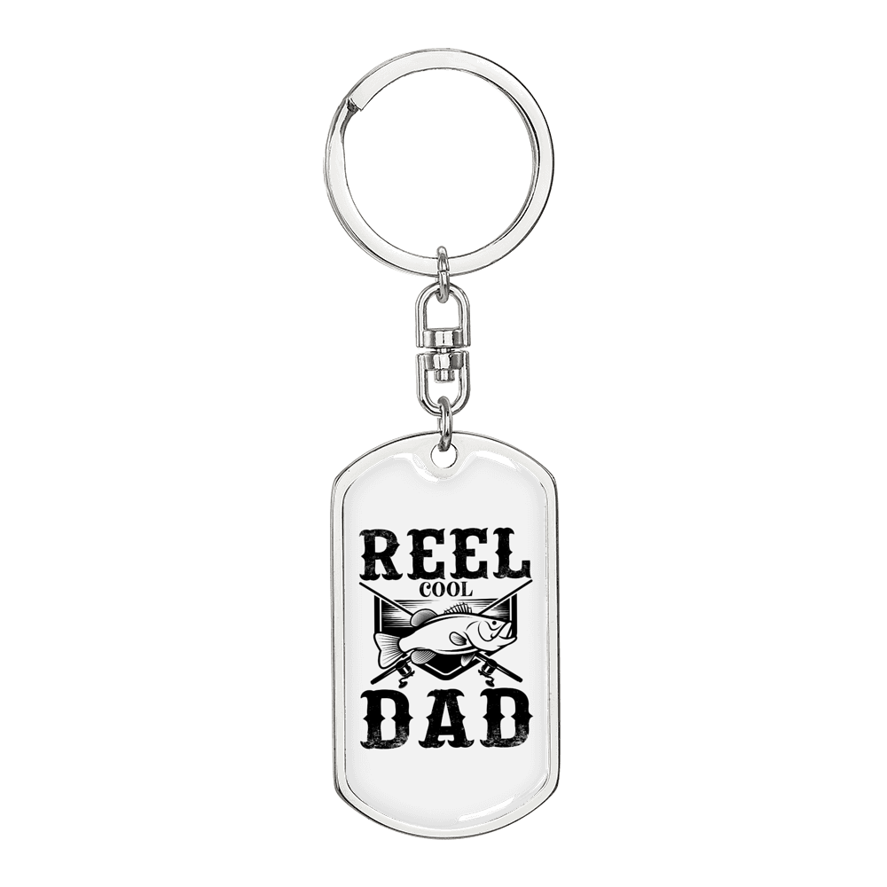 Reel Cool Dad Fish Keychain Stainless Steel or 18k Gold Dog Tag Keyring-Express Your Love Gifts