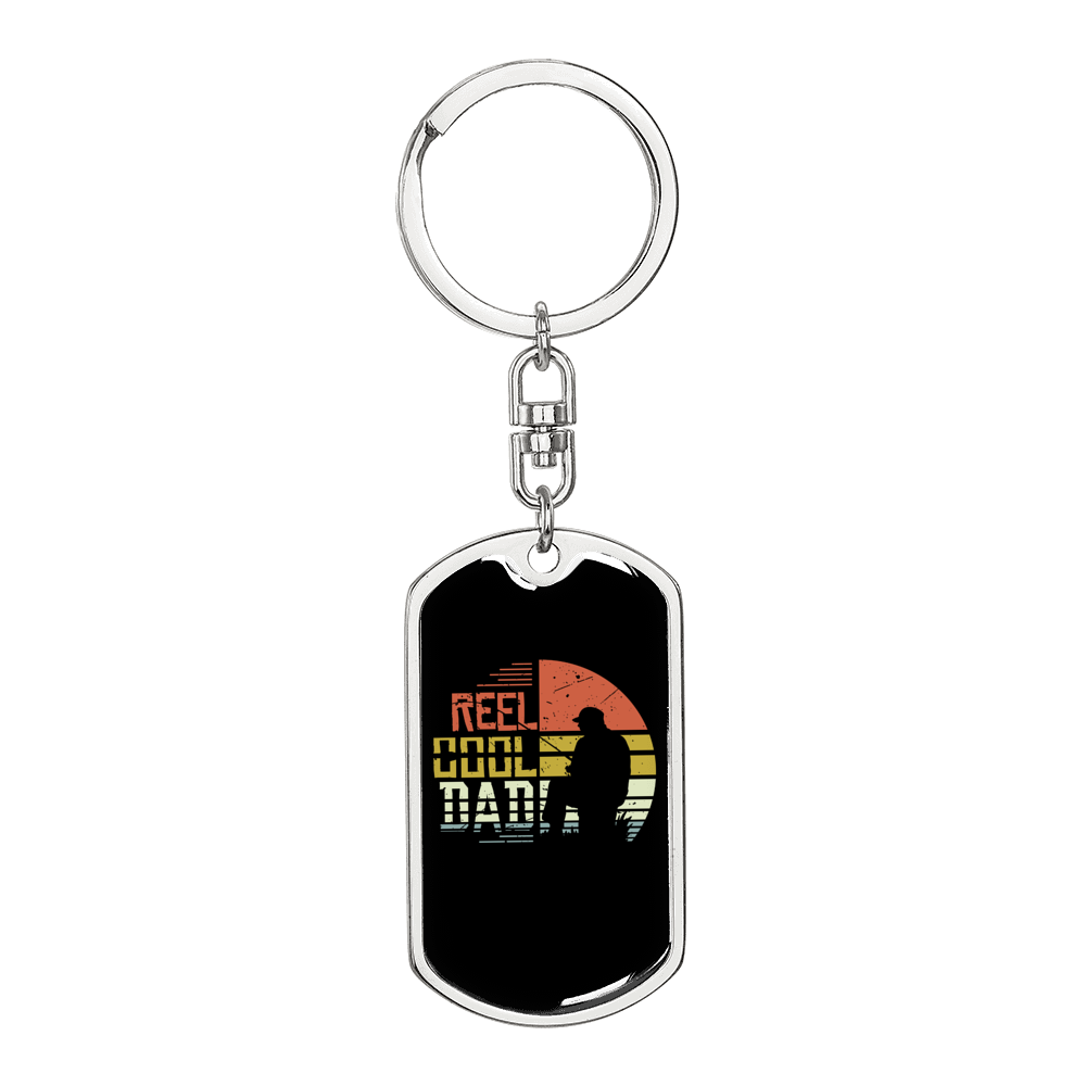 Reel Cool Dad Fishing Keychain Stainless Steel or 18k Gold Dog Tag Keyring-Express Your Love Gifts
