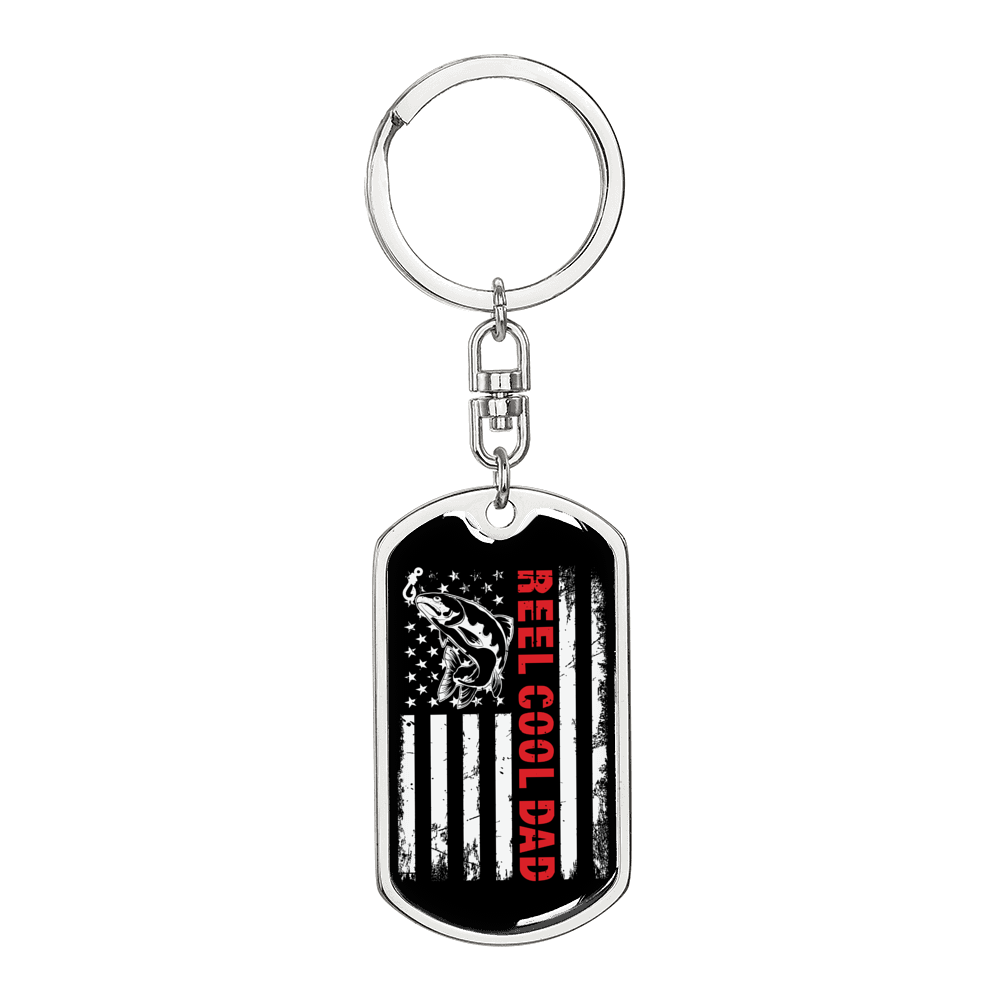 Reel Cool Dad Flag Fishing Keychain Stainless Steel or 18k Gold Dog Tag Keyring-Express Your Love Gifts