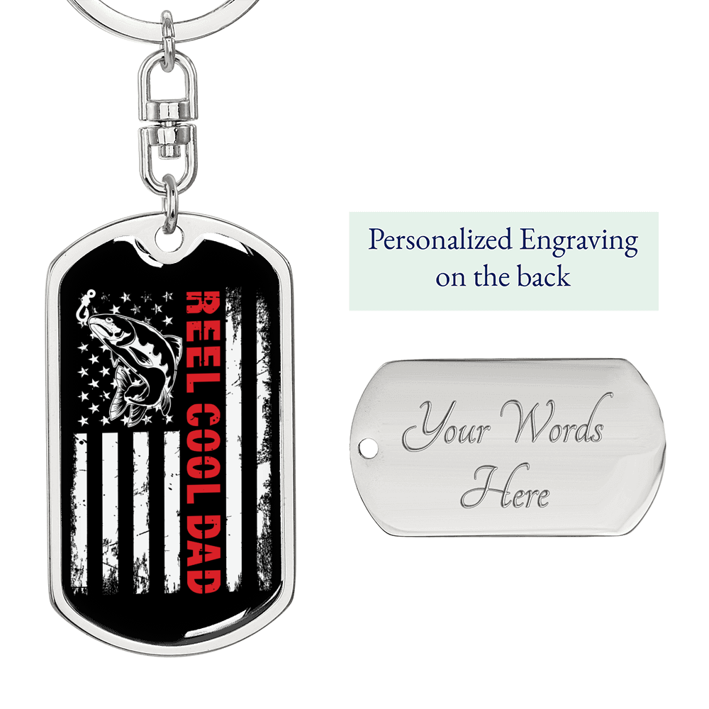 Reel Cool Dad Flag Fishing Keychain Stainless Steel or 18k Gold Dog Tag Keyring-Express Your Love Gifts