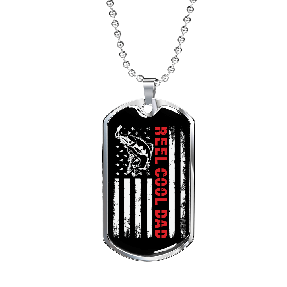 Reel Cool Dad Flag Fishing Necklace Stainless Steel or 18k Gold Dog Tag 24" Chain-Express Your Love Gifts