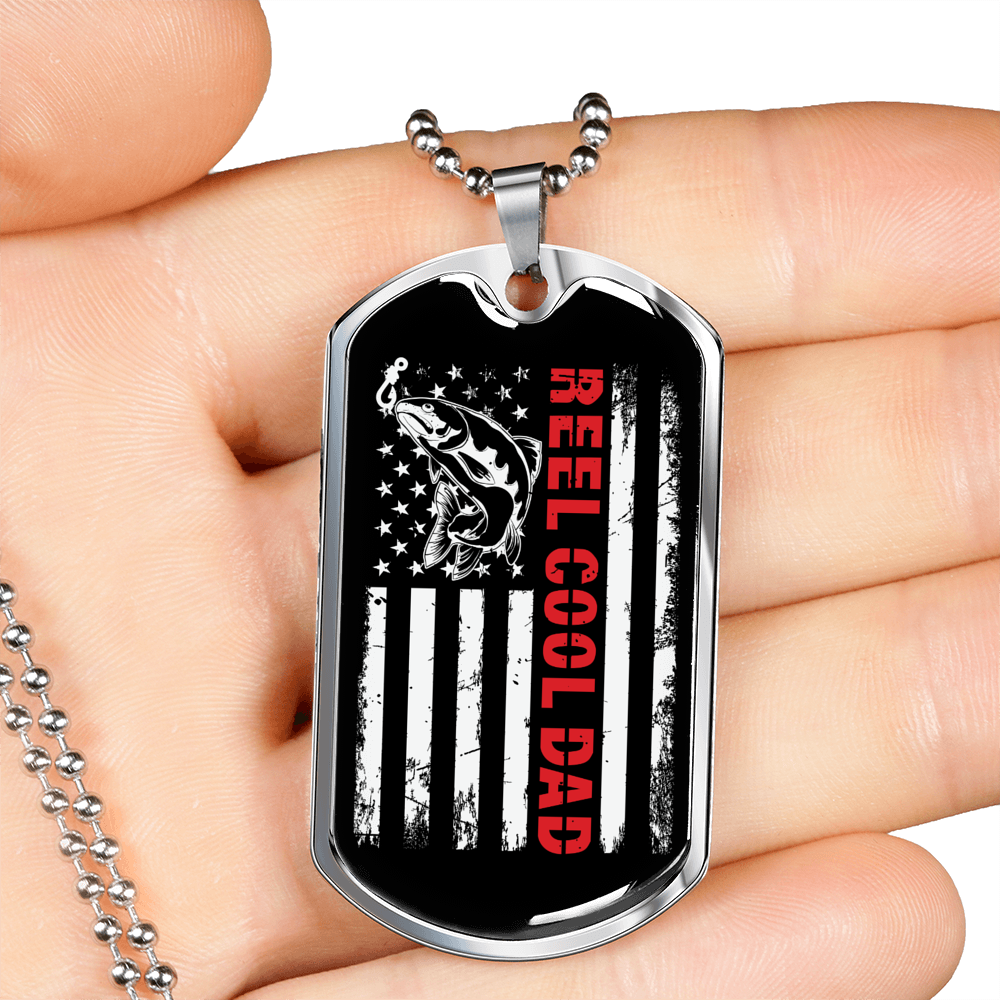 Reel Cool Dad Flag Fishing Necklace Stainless Steel or 18k Gold Dog Tag 24" Chain-Express Your Love Gifts