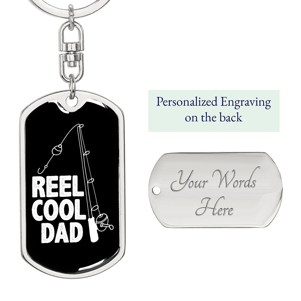 Reel Cool Dad Hook Fishing Keychain Stainless Steel or 18k Gold Dog Tag Keyring-Express Your Love Gifts