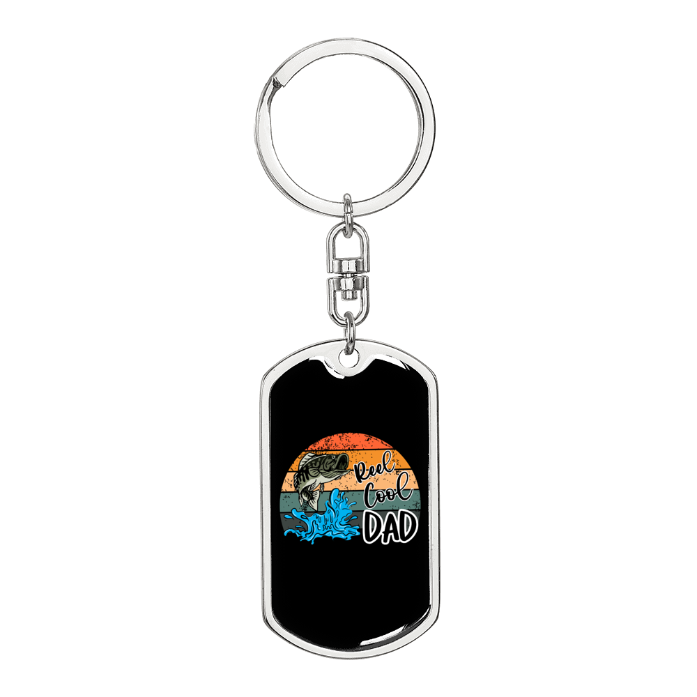 Reel Cool Dad With Moon Fishing Keychain Stainless Steel or 18k Gold Dog Tag Keyring-Express Your Love Gifts