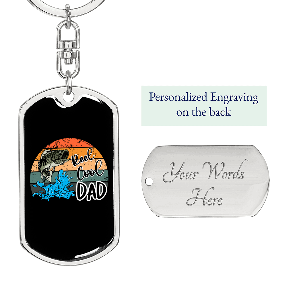 Reel Cool Dad With Moon Fishing Keychain Stainless Steel or 18k Gold Dog Tag Keyring-Express Your Love Gifts
