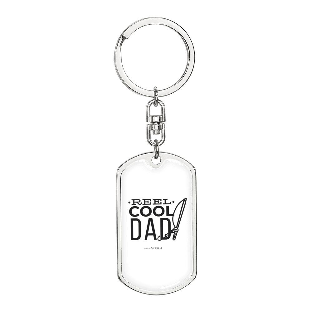 Reel Cool Dad With Rod Fishing Keychain Stainless Steel or 18k Gold Dog Tag Keyring-Express Your Love Gifts