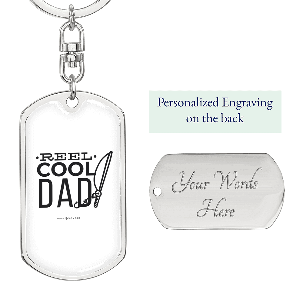 Reel Cool Dad With Rod Fishing Keychain Stainless Steel or 18k Gold Dog Tag Keyring-Express Your Love Gifts