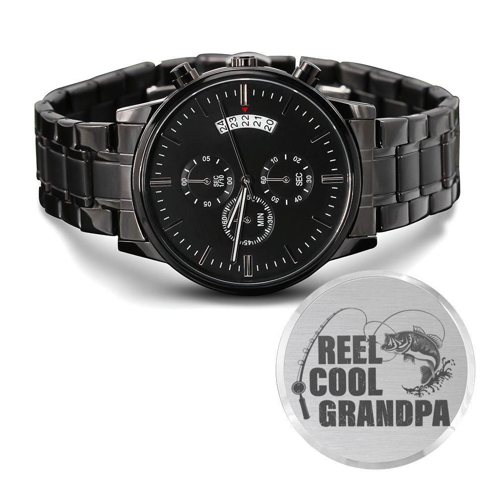 Reel Cool Grandpa Engraved Multifunction Fishing Men's Watch Stainless Steel Chronograph W Copper Dial-Express Your Love Gifts