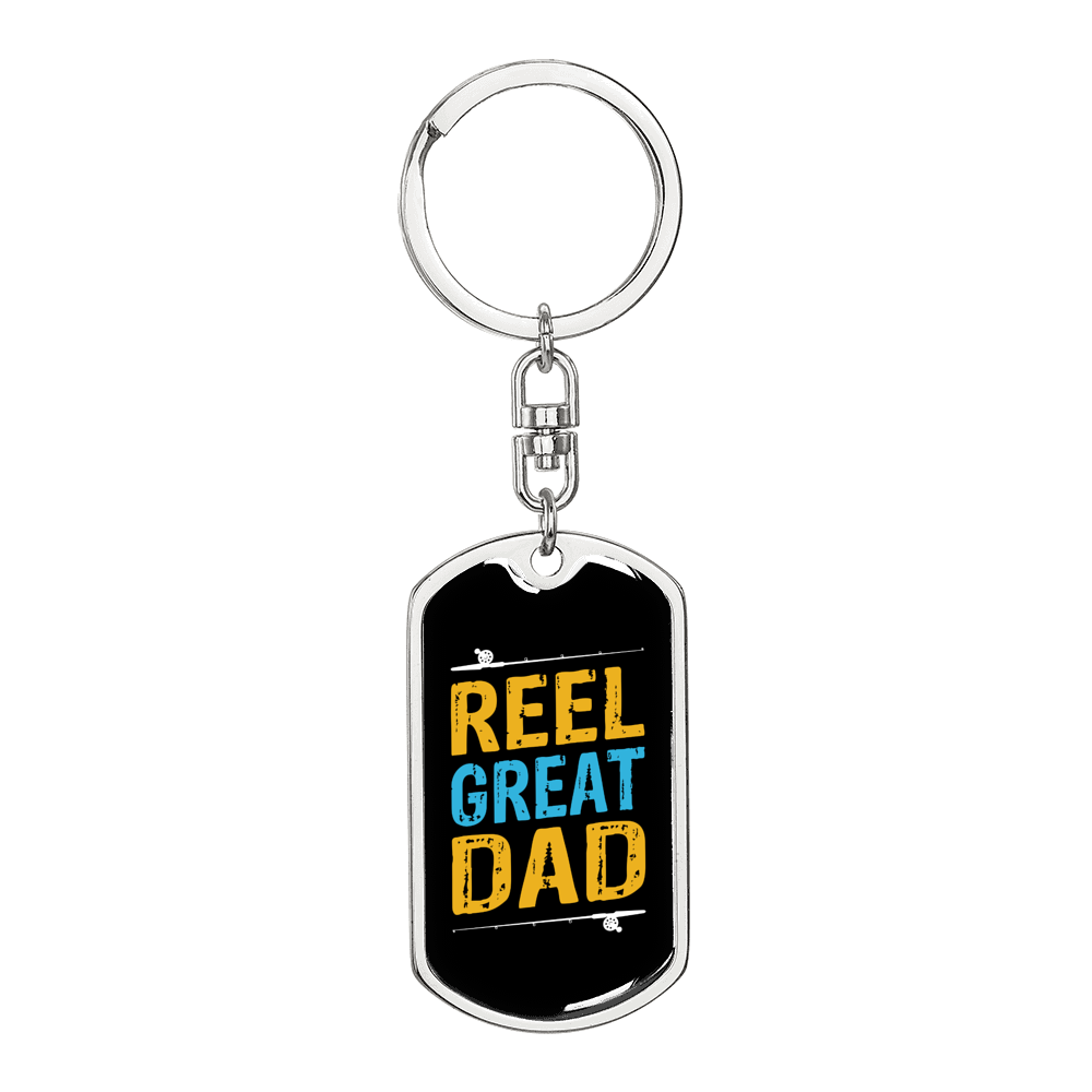 Reel Great Dad Fishing Keychain Stainless Steel or 18k Gold Dog Tag Keyring-Express Your Love Gifts