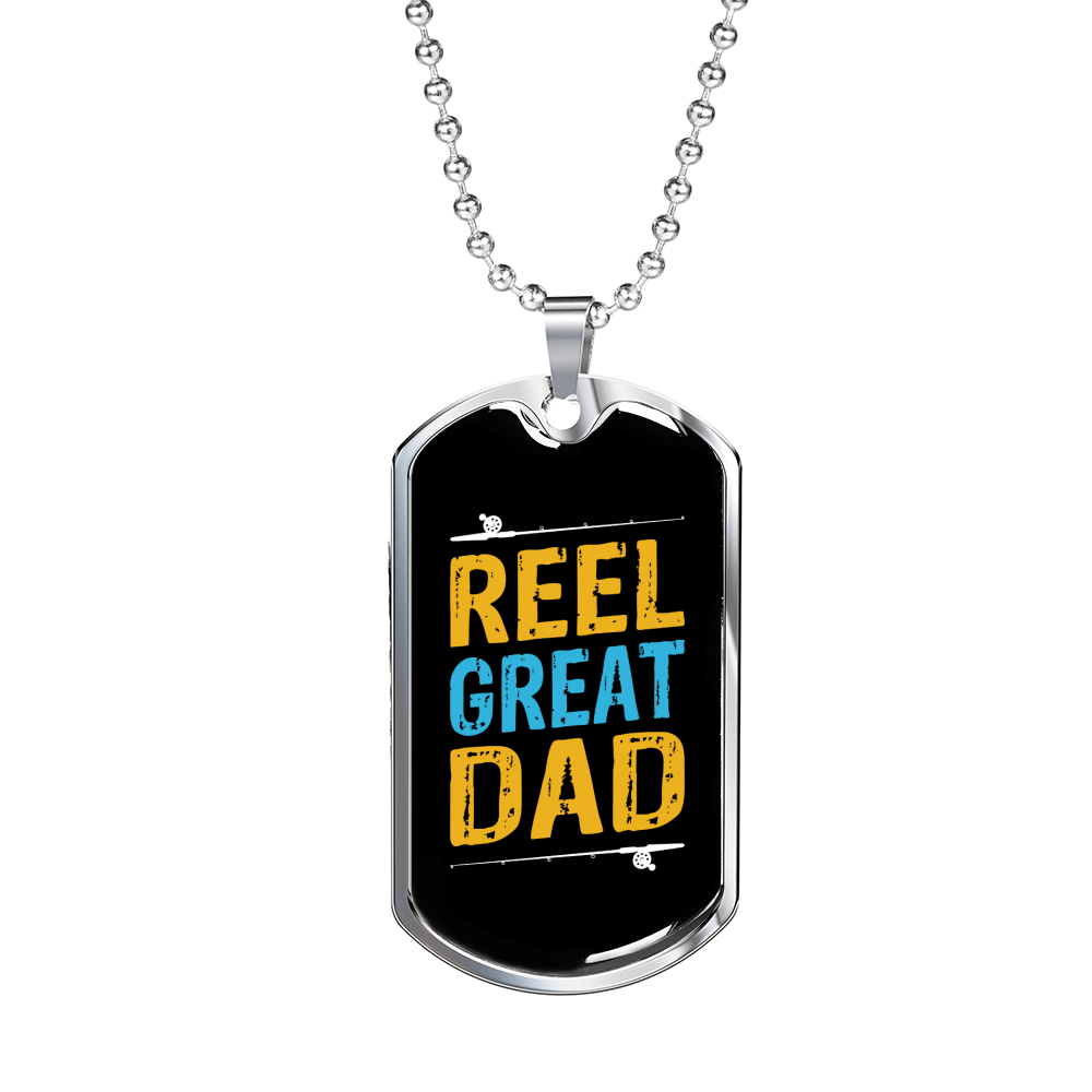 Reel Great Dad Fishing Necklace Stainless Steel or 18k Gold Dog Tag 24" Chain-Express Your Love Gifts