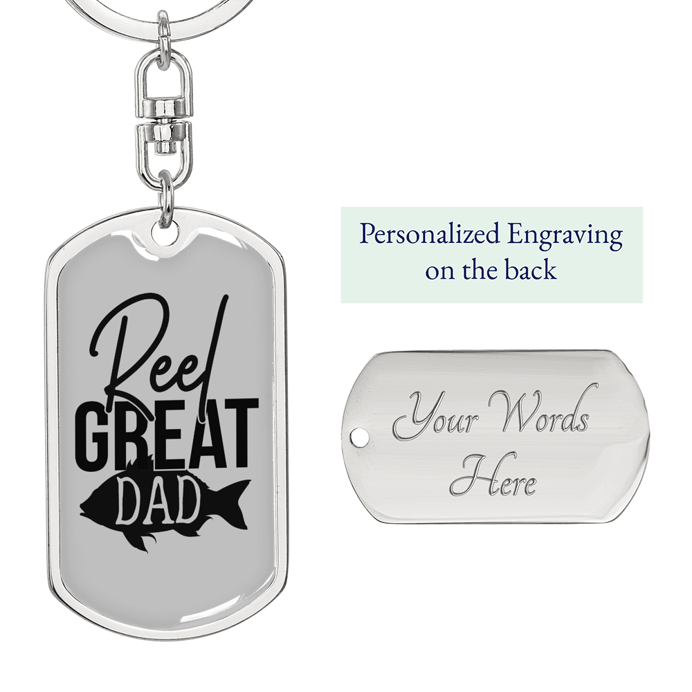 Reel Great Dad Fishing Plain Keychain Stainless Steel or 18k Gold Dog Tag Keyring-Express Your Love Gifts
