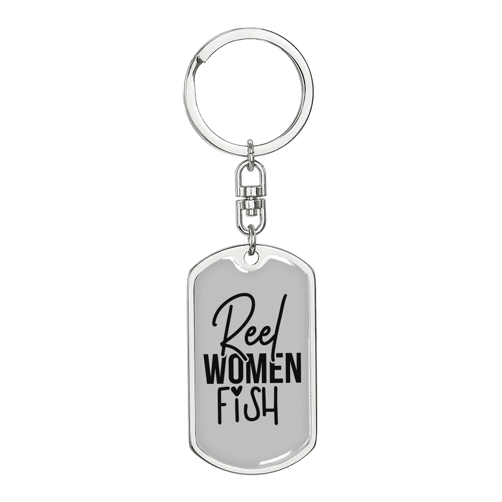 Reel Women Fish Fishing Keychain Stainless Steel or 18k Gold Dog Tag Keyring-Express Your Love Gifts