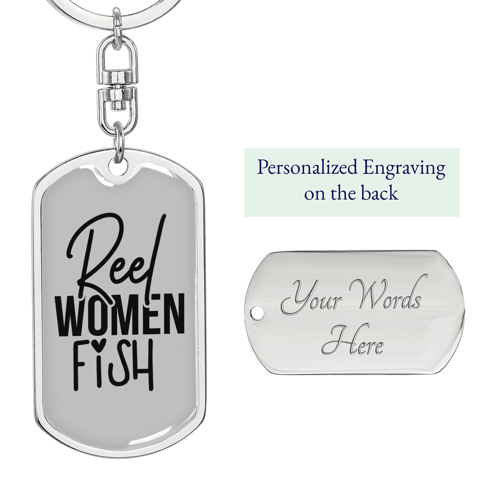 Reel Women Fish Fishing Keychain Stainless Steel or 18k Gold Dog Tag Keyring-Express Your Love Gifts
