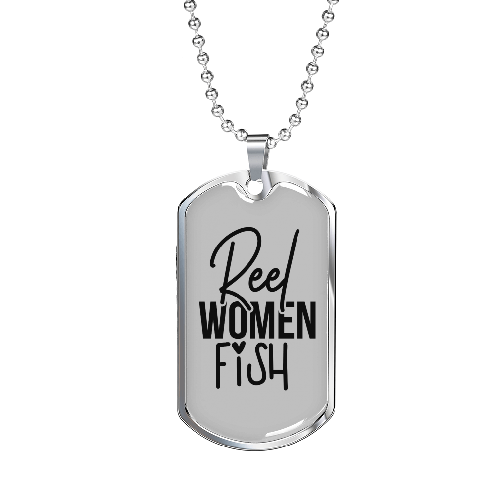 Reel Women Fish Fishing Necklace Stainless Steel or 18k Gold Dog Tag 24" Chain-Express Your Love Gifts