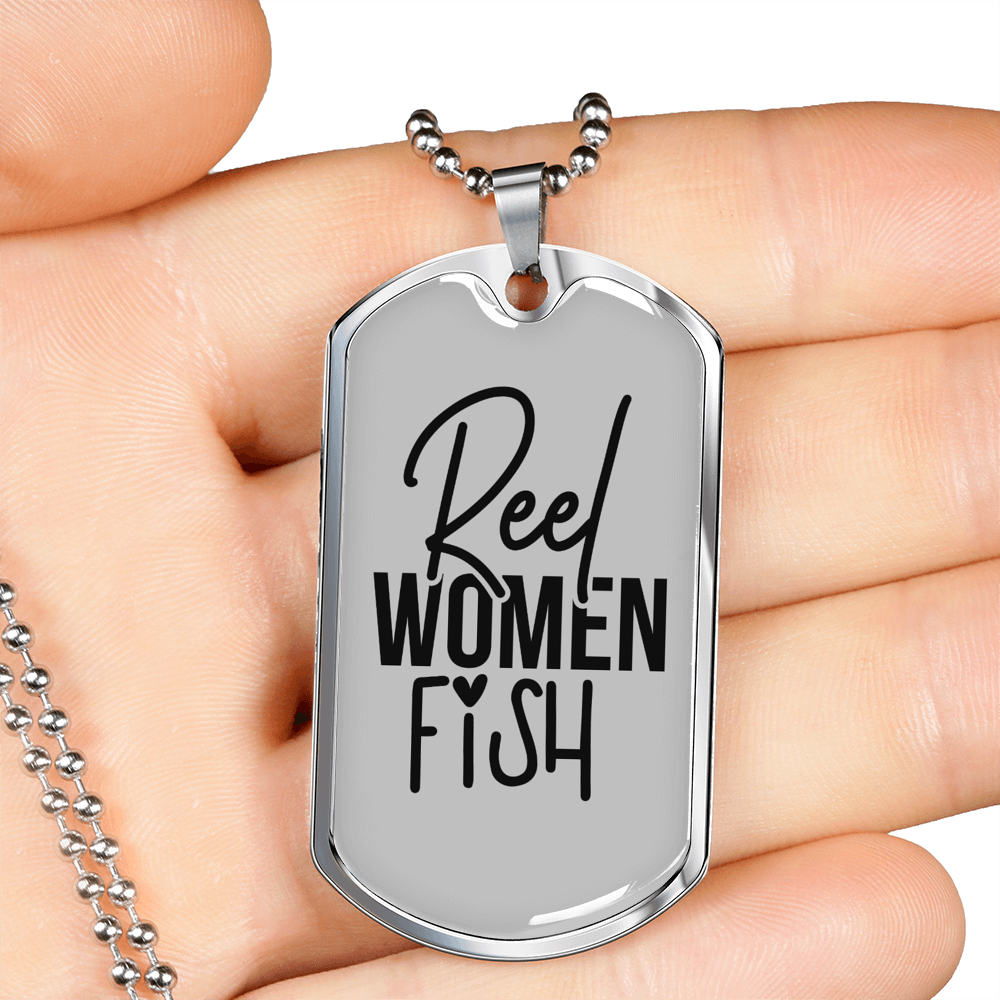 Reel Women Fish Fishing Necklace Stainless Steel or 18k Gold Dog Tag 24" Chain-Express Your Love Gifts