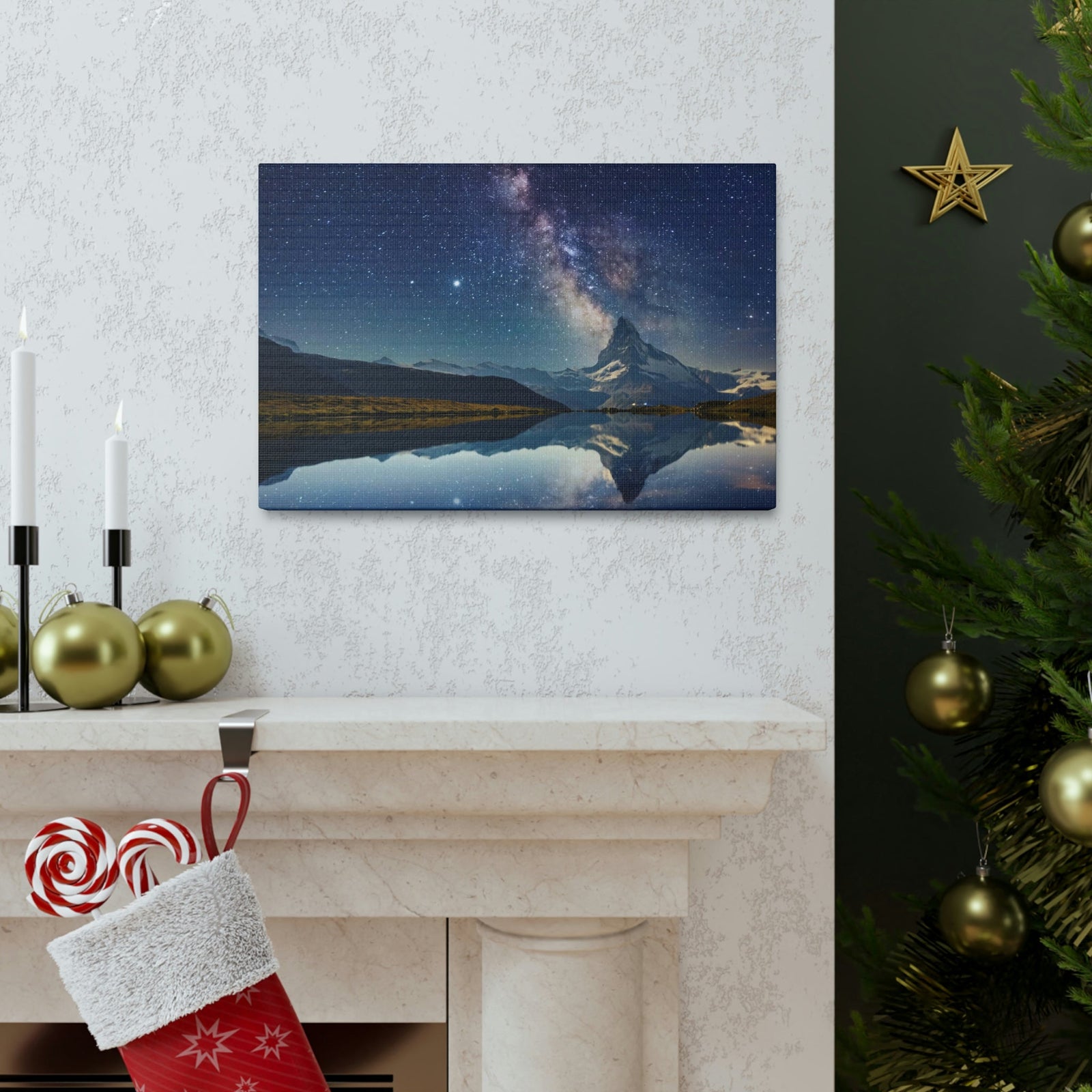 Reflection of Milky Way and Mountain on the Lake Scene Beautiful Amazing and Remarkable Night Beauty Nature Scene Starry Sky Over the Lake Wall Art Ready to Hang Unframed-Express Your Love Gifts