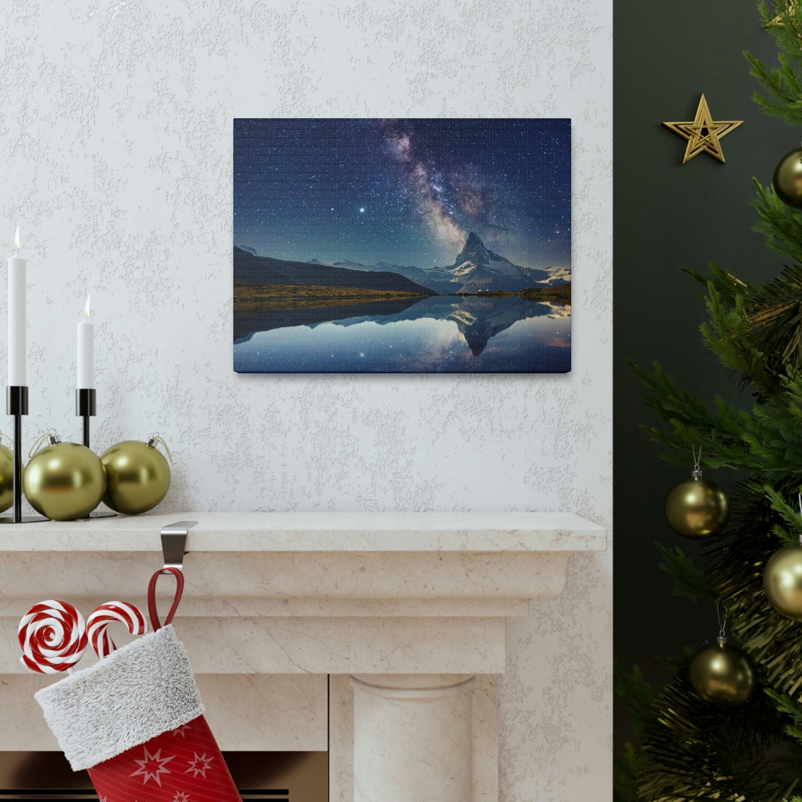 Reflection of Milky Way and Mountain on the Lake Scene Beautiful Amazing and Remarkable Night Beauty Nature Scene Starry Sky Over the Lake Wall Art Ready to Hang Unframed-Express Your Love Gifts