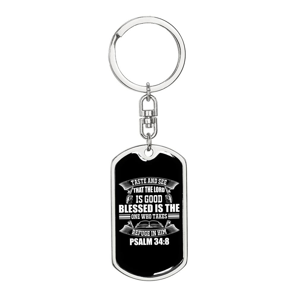 Refuge In Him Psalm 34:8 Keychain Stainless Steel or 18k Gold Dog Tag Keyring-Express Your Love Gifts