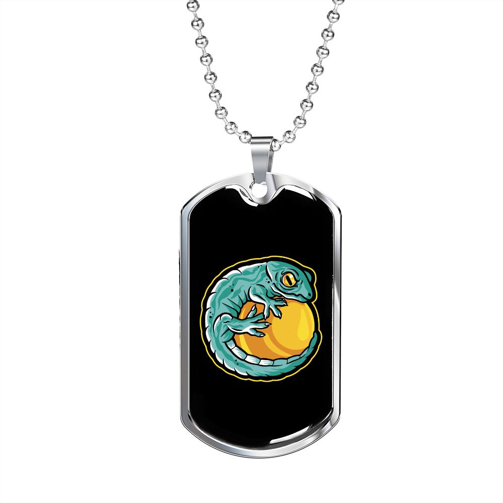 Reptile Necklace Green Gecko On A Ball Necklace Stainless Steel or 18k Gold Dog Tag 24" Chain-Express Your Love Gifts