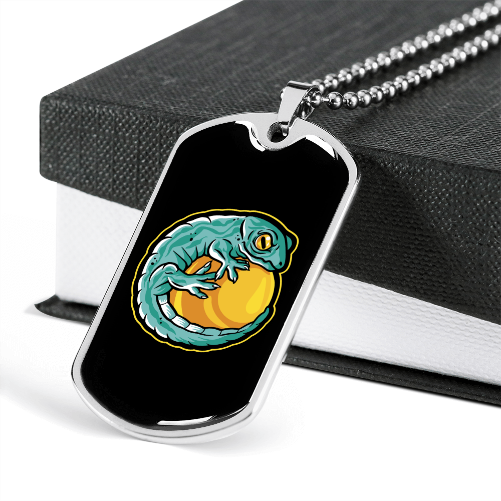 Reptile Necklace Green Gecko On A Ball Necklace Stainless Steel or 18k Gold Dog Tag 24" Chain-Express Your Love Gifts