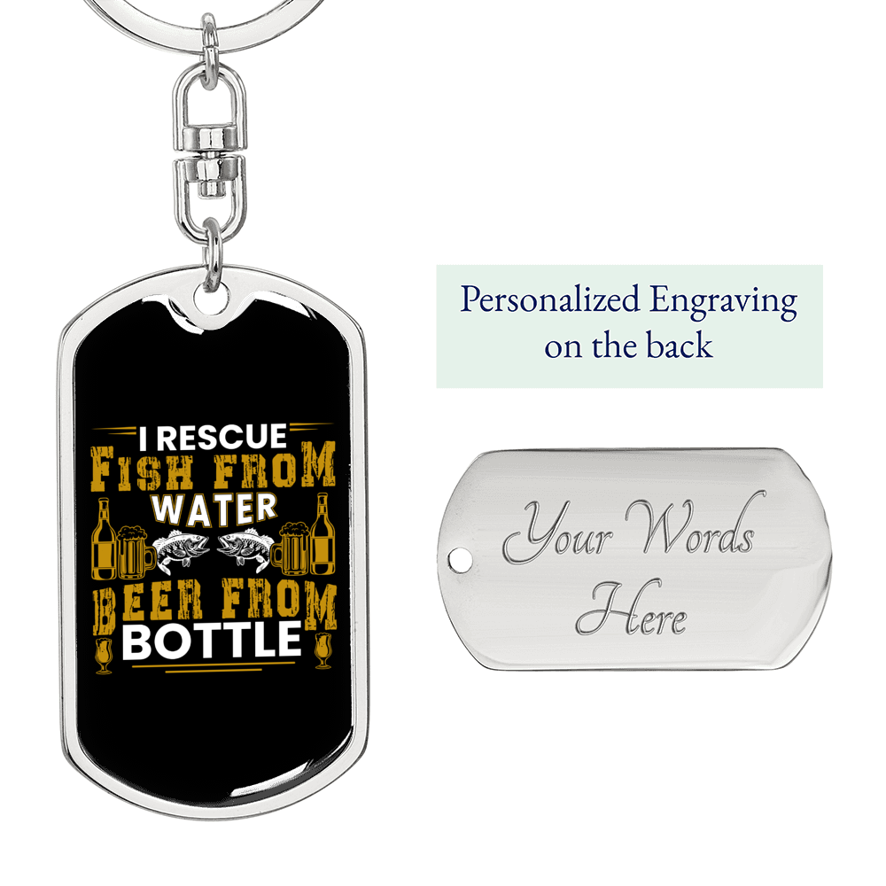 Rescue Water Bottle Fishing Keychain Stainless Steel or 18k Gold Dog Tag Keyring-Express Your Love Gifts