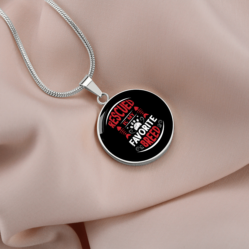 Rescued Is My Favorite Cat Circle Necklace Stainless Steel or 18k Gold 18-22"-Express Your Love Gifts