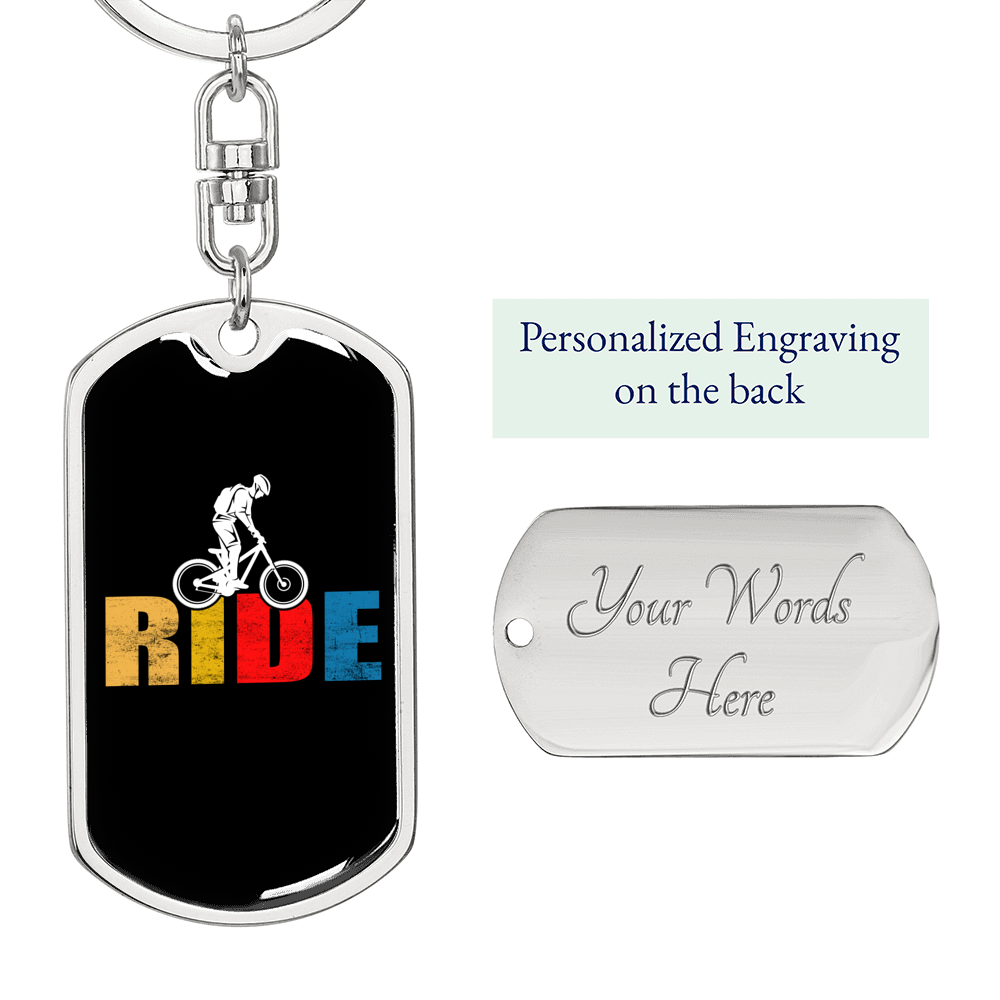 Ride Cycling Keychain Stainless Steel or 18k Gold Dog Tag Keyring-Express Your Love Gifts