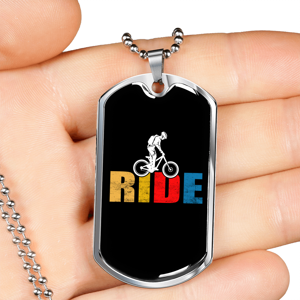 Ride Cycling Necklace Stainless Steel or 18k Gold Dog Tag 24"-Express Your Love Gifts