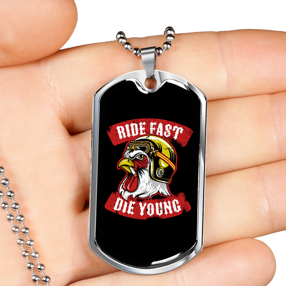 Ride Fast Die Young Biker Necklace Stainless Steel or 18k Gold Dog Tag 24"-Express Your Love Gifts