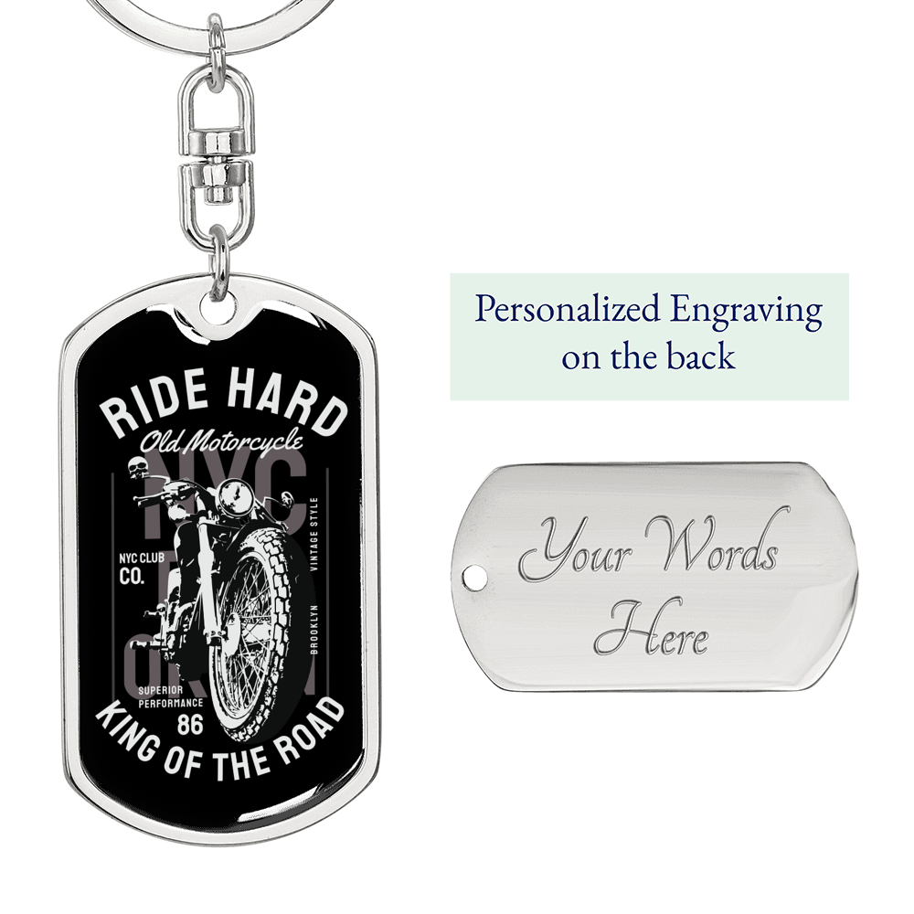 Ride Hard Biker Keychain Stainless Steel or 18k Gold Dog Tag Keyring-Express Your Love Gifts