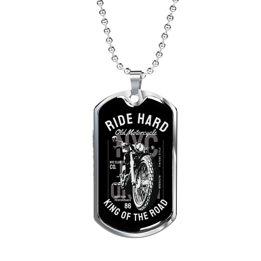 Ride Hard Biker Necklace Stainless Steel or 18k Gold Dog Tag 24"-Express Your Love Gifts