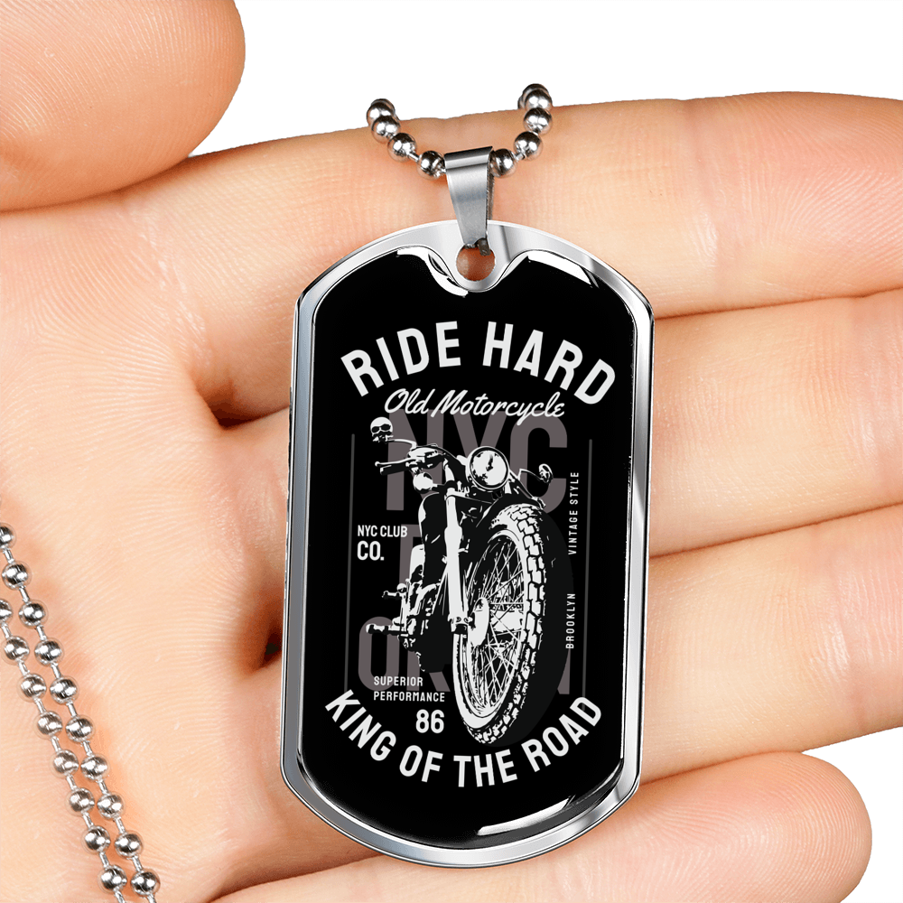 Ride Hard Biker Necklace Stainless Steel or 18k Gold Dog Tag 24"-Express Your Love Gifts