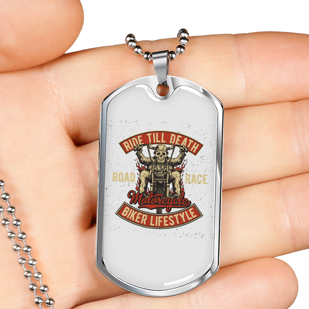 Ride Till Death Biker Necklace Stainless Steel or 18k Gold Dog Tag 24"-Express Your Love Gifts