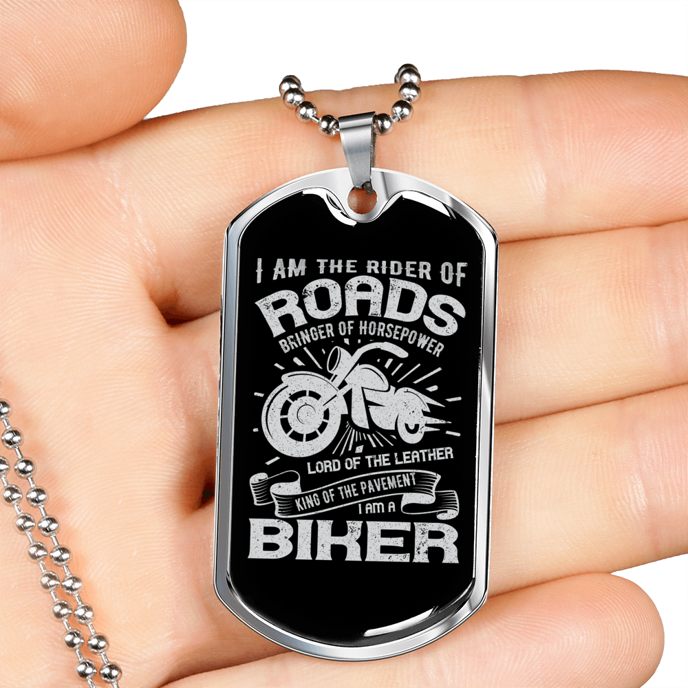 Rider Of Roads Biker Necklace Stainless Steel or 18k Gold Dog Tag 24"-Express Your Love Gifts