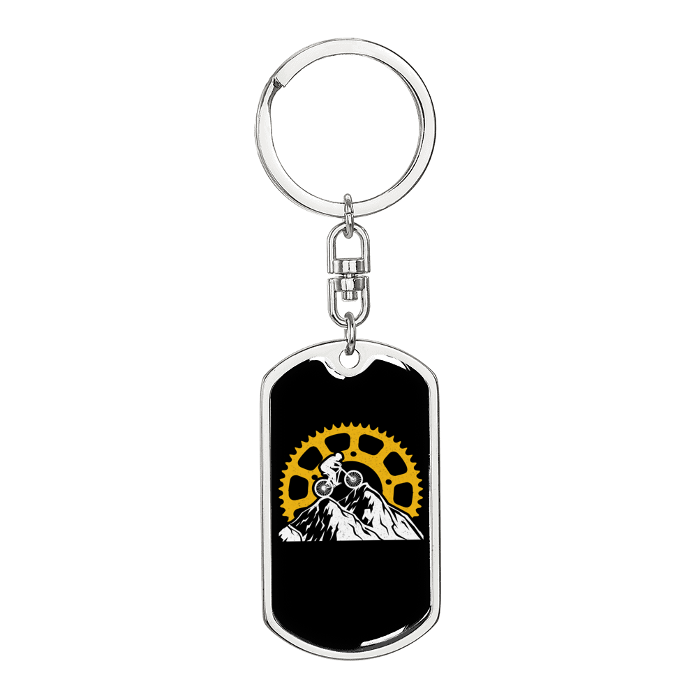 Riding In The Mountain Cycling Keychain Stainless Steel or 18k Gold Dog Tag Keyring-Express Your Love Gifts