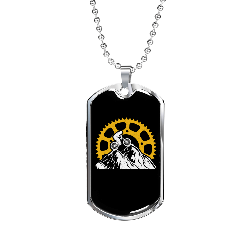 Riding In The Mountain Cycling Necklace Stainless Steel or 18k Gold Dog Tag 24"-Express Your Love Gifts