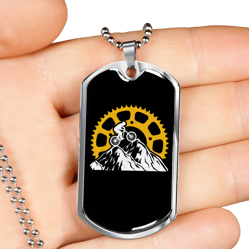Riding In The Mountain Cycling Necklace Stainless Steel or 18k Gold Dog Tag 24"-Express Your Love Gifts