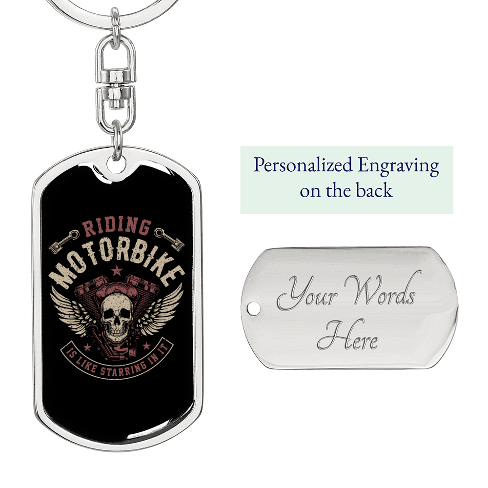 Riding Motorbike Biker Keychain Stainless Steel or 18k Gold Dog Tag Keyring-Express Your Love Gifts