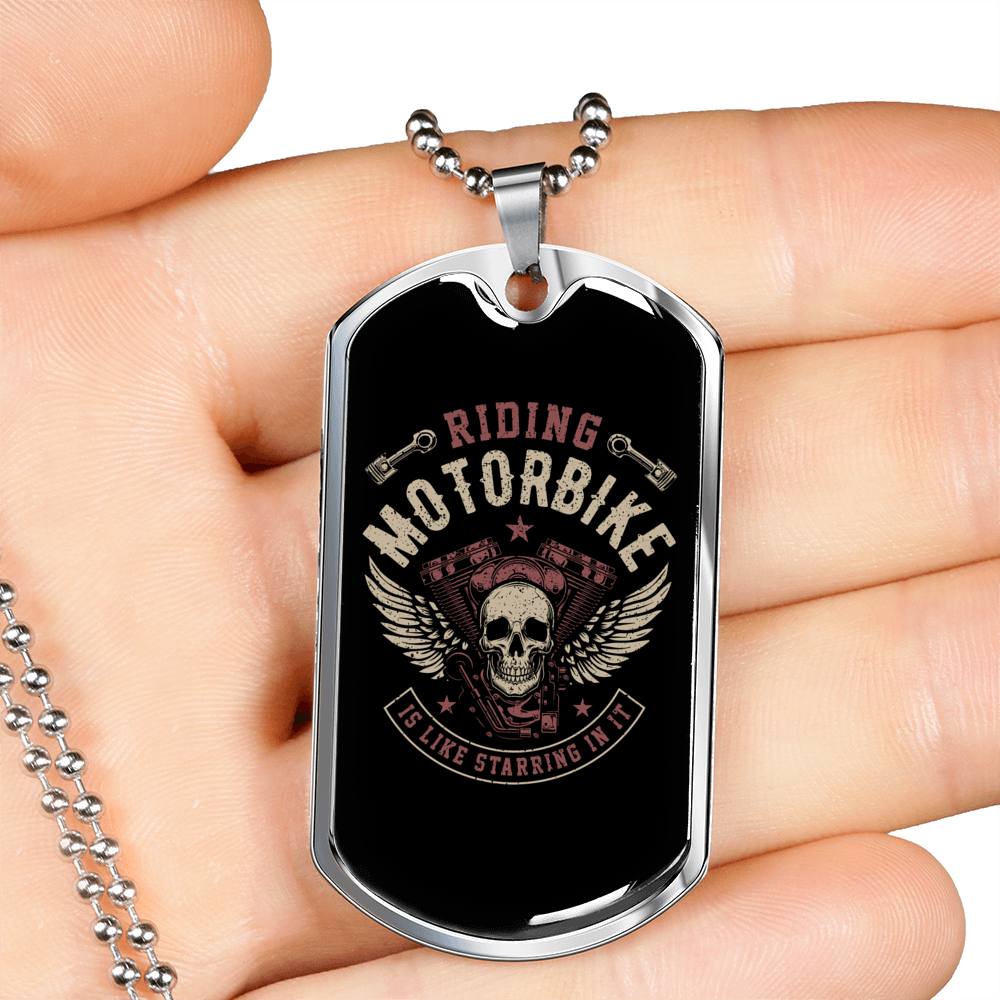 Riding Motorbike Biker Necklace Stainless Steel or 18k Gold Dog Tag 24"-Express Your Love Gifts