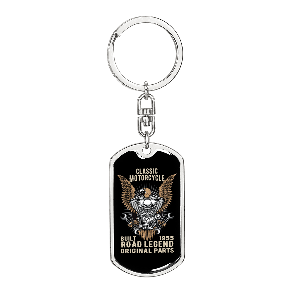 Road Legend Biker Keychain Stainless Steel or 18k Gold Dog Tag Keyring-Express Your Love Gifts