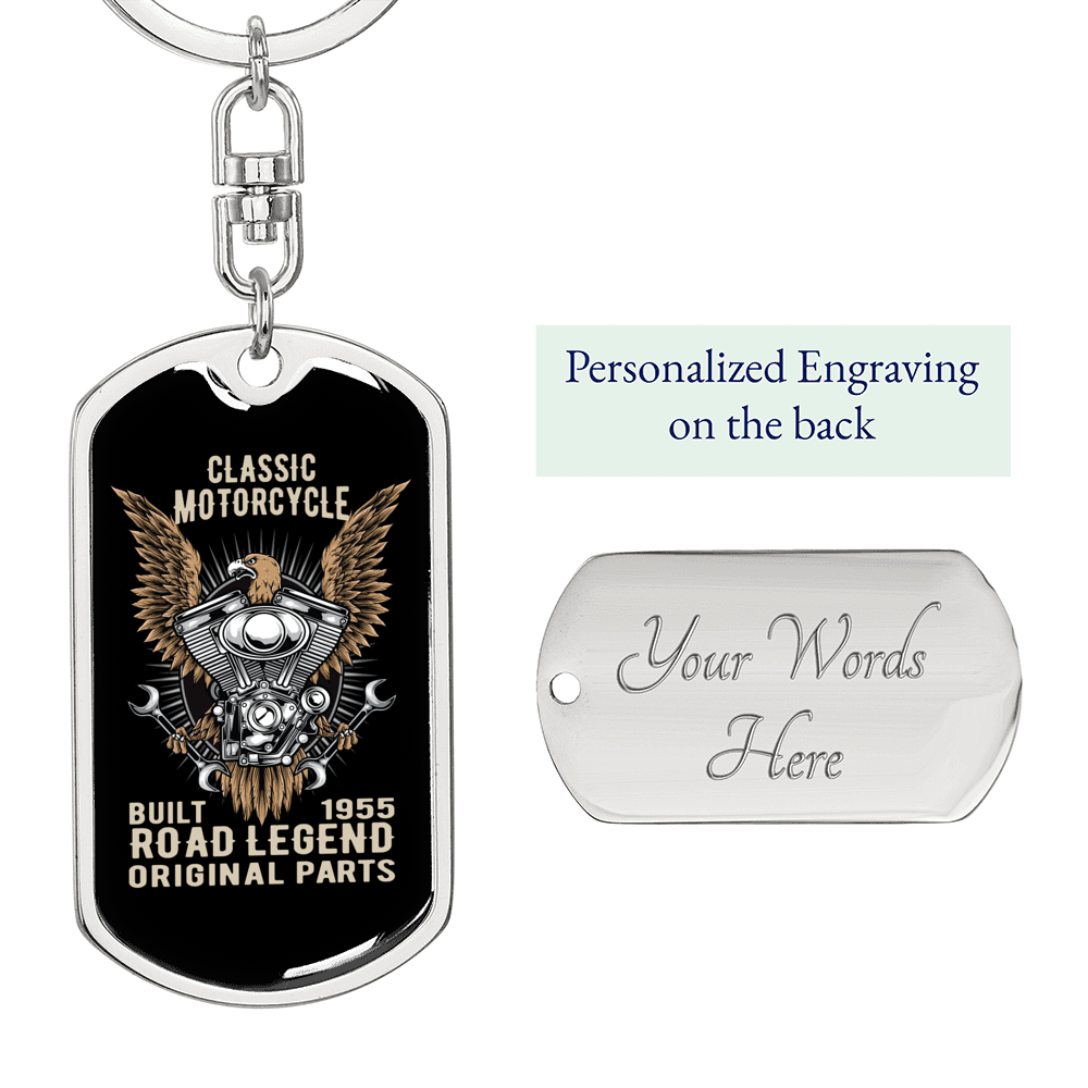Road Legend Biker Keychain Stainless Steel or 18k Gold Dog Tag Keyring-Express Your Love Gifts