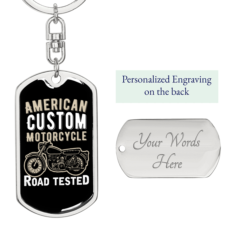 Road Tested Motorcyle Biker Keychain Stainless Steel or 18k Gold Dog Tag Keyring-Express Your Love Gifts